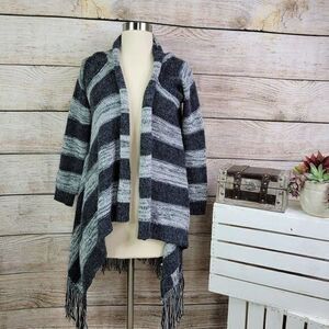 Monteau Women's Striped Fringe Wrap Open‎ Cardigan In Grey/White Size Medium